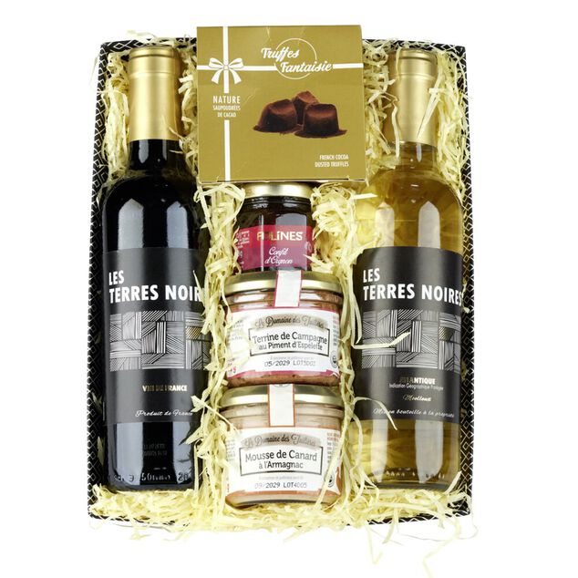 Panier gourmand No&euml;l garni 2 bouteilles de vin 2 p&acirc;t&eacute;s avec truffes et confit