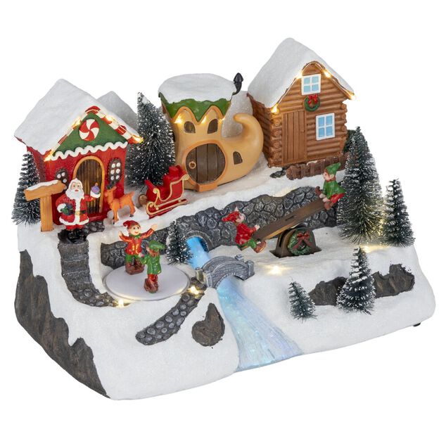 Village de No&euml;l anim&eacute; LED sc&egrave;ne lutins 28,5x19xH18cm