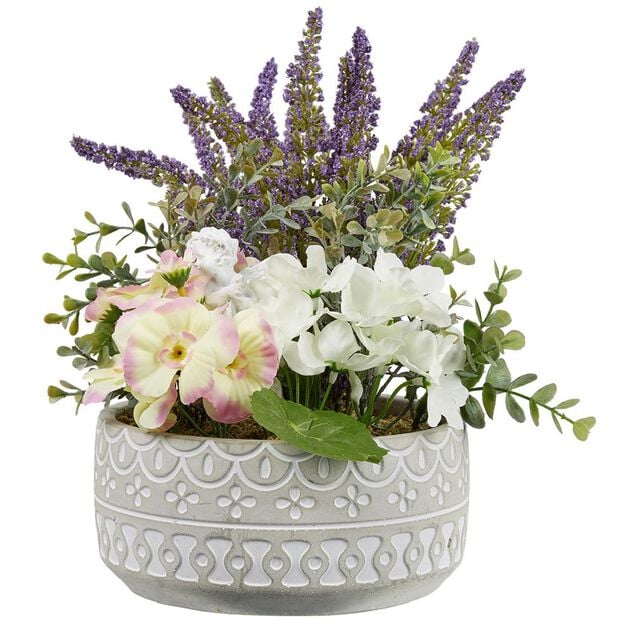 Pot ciment lavande et fleur artificielle blanche &Oslash;18xH33cm