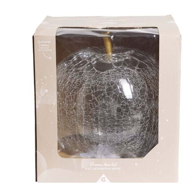 D&eacute;coration LED en verre pomme effet craquel&eacute; transparent &Oslash;7xH8cm