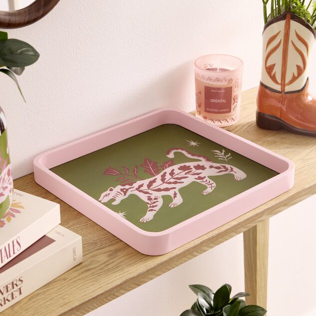 Plateau carr&eacute; bois motif animaux 28x28cm (2 mod&egrave;les tigre ou serpent)