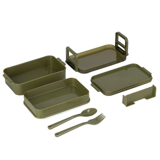 Bo&icirc;te d&eacute;jeuner rectangulaire plastique 2 niveaux et couverts 18x10xH8,5cm (2 mod&egrave;les)
