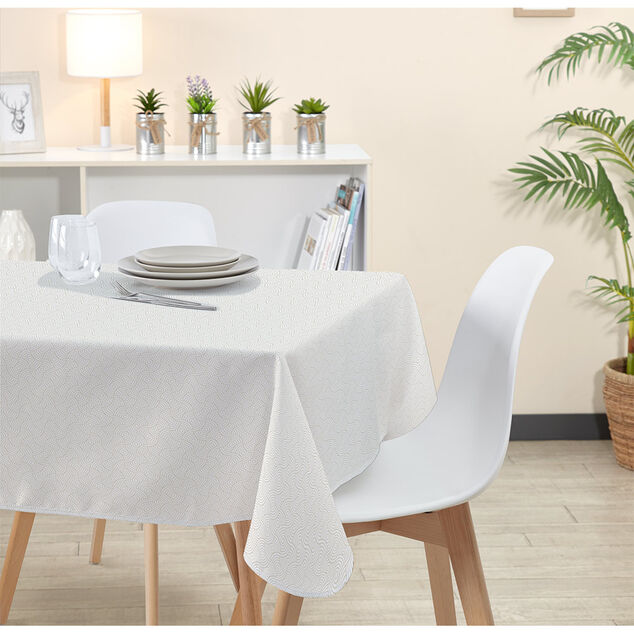 Nappe rectangulaire polyester anti t&acirc;che motif cercles superpos&eacute;s blanc