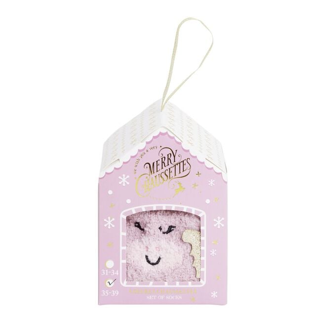 Coffret cadeau chaussettes cocooning licorne No&euml;l rose et dor&eacute; (31/34 ou 35/39)