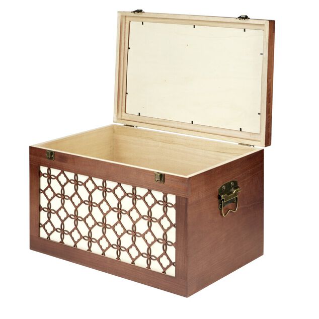 Malle rangement en bois fermeture et poign&eacute;es m&eacute;tal carreau de ciment 48x32xH30cm