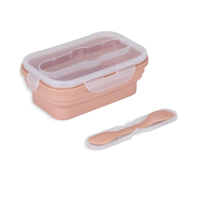 Lunch box r&eacute;tractable 1L avec couverts silicone et plastique rose 12,5x21xH7,5cm