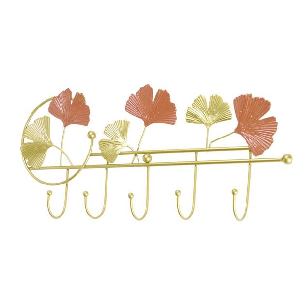 Pat&egrave;re 5 crochets d&eacute;co feuillage m&eacute;tal dor&eacute; et orang&eacute; L47xH21,5cm