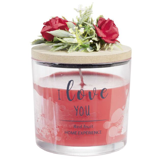 Bougie parfum&eacute;e dans verre couvercle bois fleur message &Oslash;8xH11cm