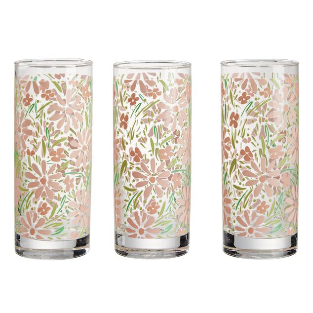 Verre haut x3 en verre transparent motif floral rose et vert 28cl