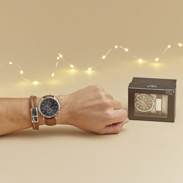 Ensemble montre et bracelet homme simili marron