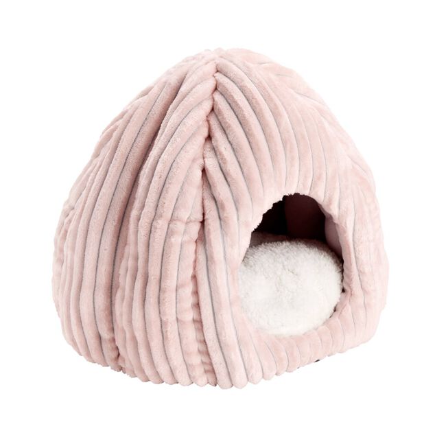 Couchage animal niche avec coussin tissu velours c&ocirc;tel&eacute; rose 40x40xH36cm