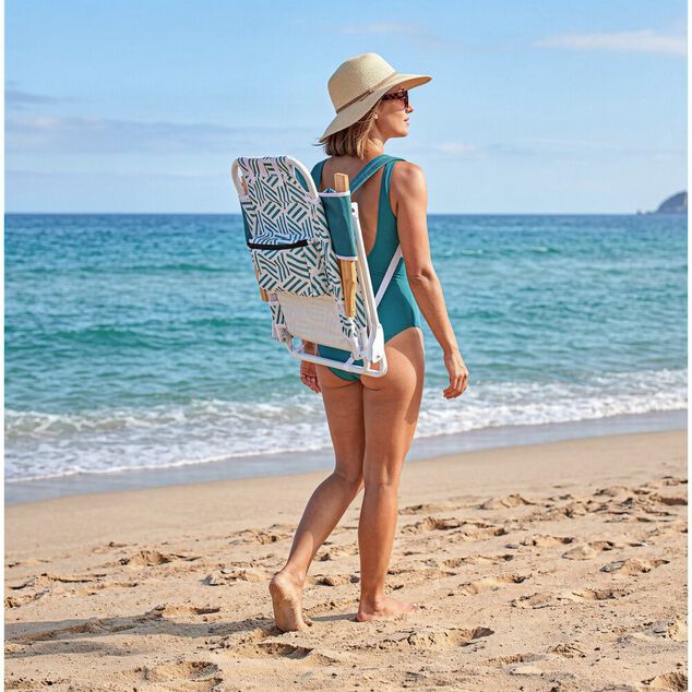 Chaise de plage pliante poign&eacute;es bambou poches lat&eacute;rales blanc et bleu 66x58xH81cm