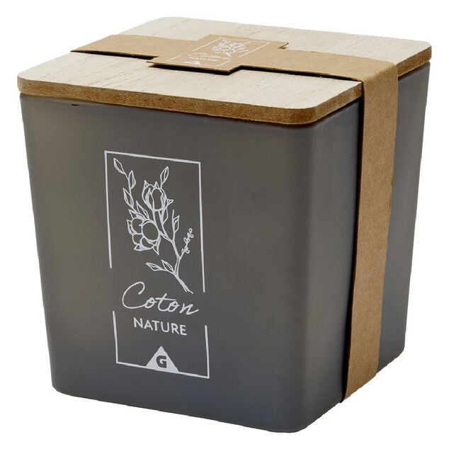 Bougie dans pot carré avec couvercle bois senteur coton