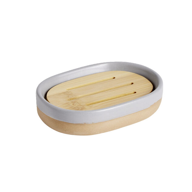 Porte savon bois et céramique bleue 8x12,5cm