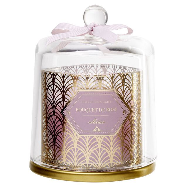 Bougie parfum&eacute;e rose sous cloche transparent dor&eacute;