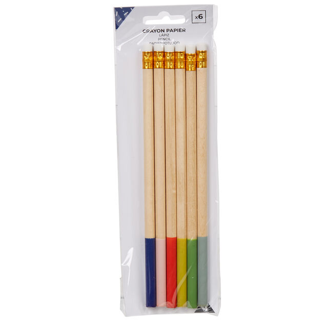 Crayon &agrave; papier bois multicolore avec gomme x6