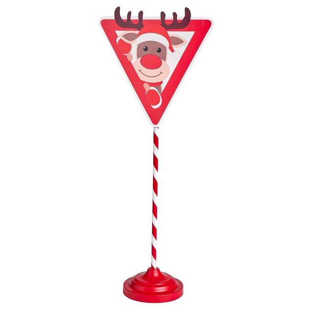 Pancarte de signalisation renne de No&euml;l m&eacute;tal rouge et blanc H59cm