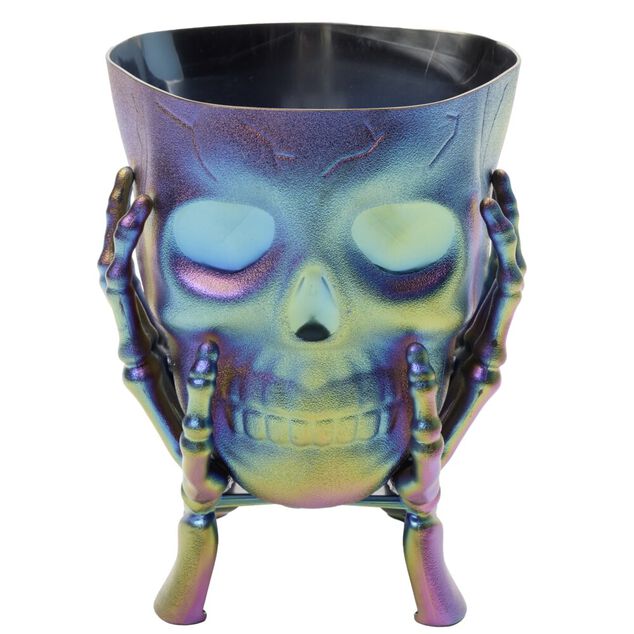Seau &agrave; bonbons Halloween t&ecirc;te de squelette violet iridescent 17x14xH13cm
