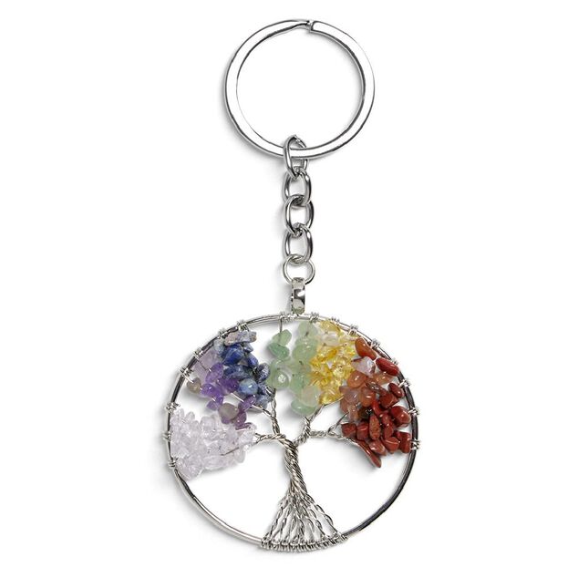 Porte cl&eacute; avec m&eacute;daillon arbre de vie et pierres color&eacute;es - 3 coloris
