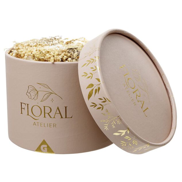 Fleur séchées dans boîte ronde rose doré