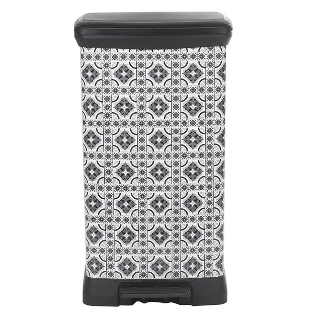 Poubelle &agrave; p&eacute;dale motif carreau de ciment gris et blanc 50 L