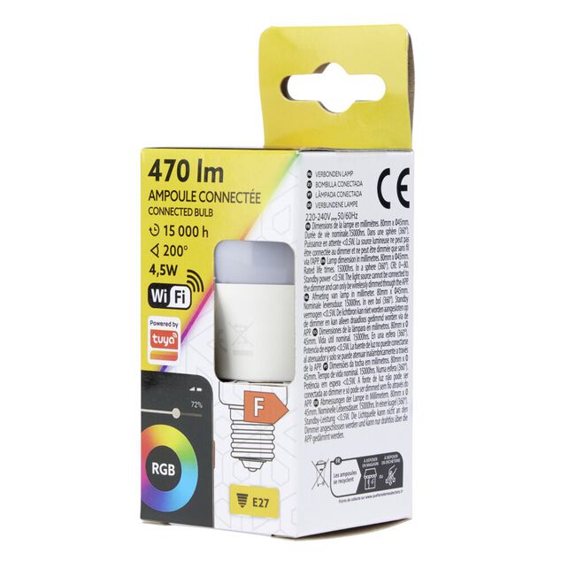 Ampoule LED connect&eacute;e couleurs changeantes RGB 200&deg; E27 470lms 4,5W