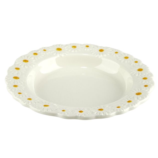 Assiette ronde en dolomite blanche bord relief marguerite &Oslash;20cm