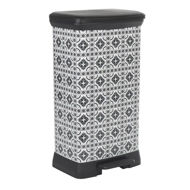 Poubelle &agrave; p&eacute;dale motif carreau de ciment gris et blanc 50 L