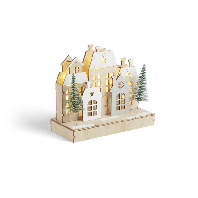 Village de No&euml;l lumineux en bois 7LED