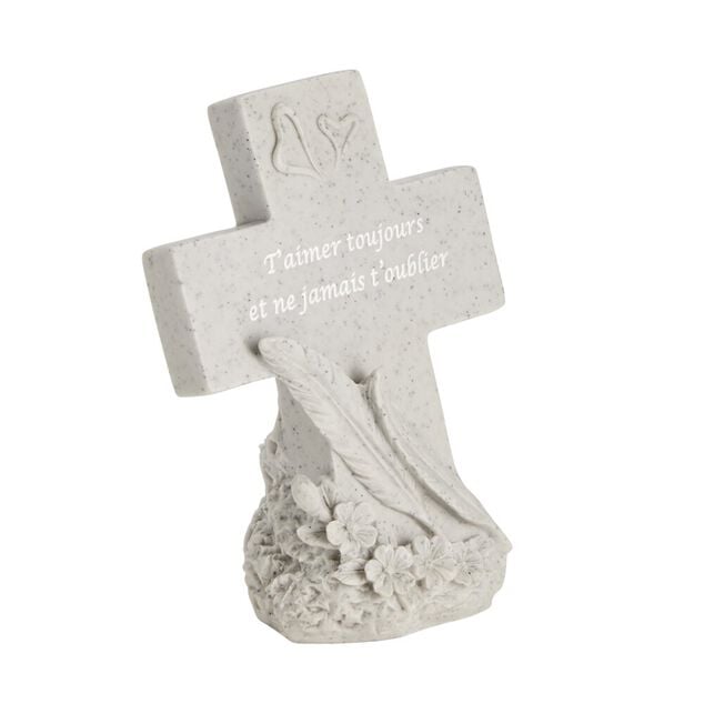 D&eacute;coration fun&eacute;raire forme croix avec plumes H18cm