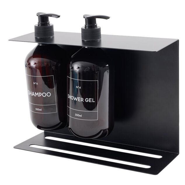 Distributeur de savon mural m&eacute;tal avec 2 flacons plastique 500ml noir 25x9xH22cm