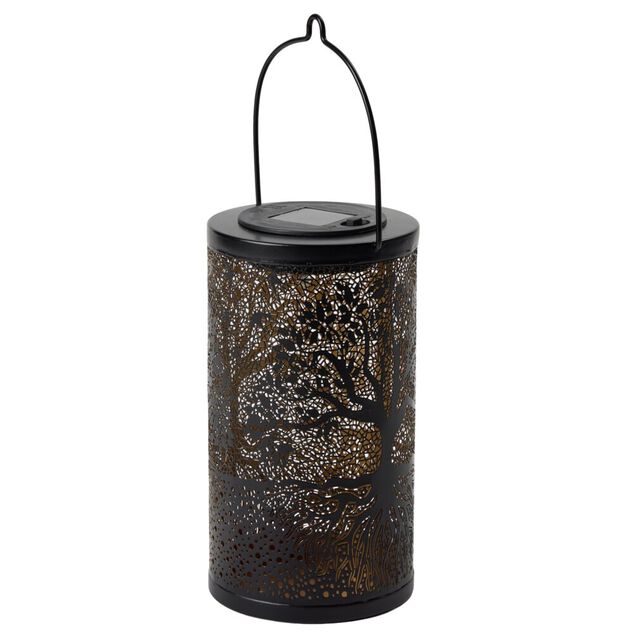 Lanterne solaire ronde LED arbre de vie m&eacute;tal bronze marron &Oslash;10xH28cm