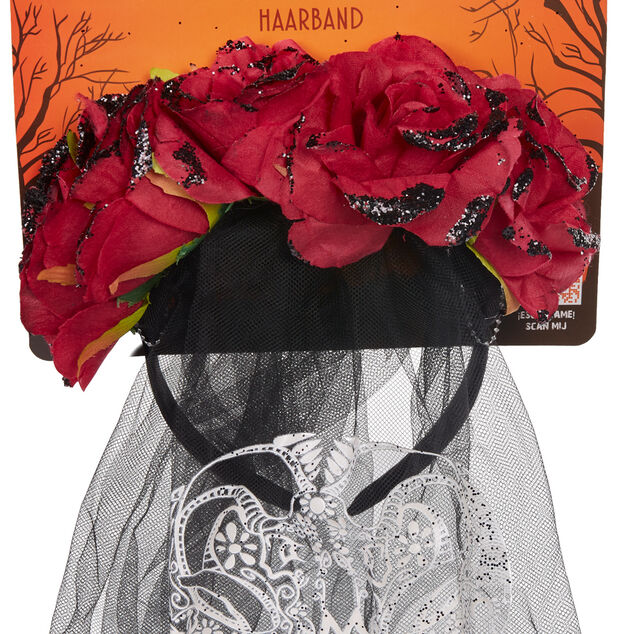 Serre-t&ecirc;te adulte Halloween voile calavera fleuri noir et rouge