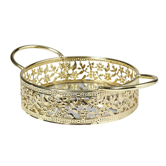 Plateau d&eacute;co dor&eacute;e fond en verre avec poign&eacute;es