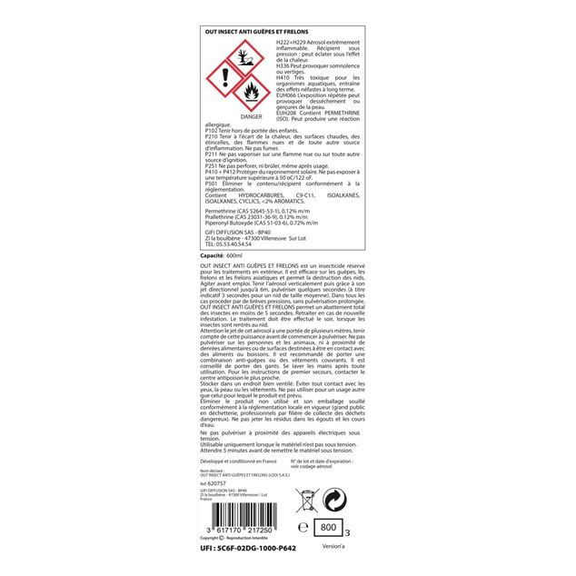 A&eacute;rosol anti-gu&ecirc;pes et frelons sp&eacute;cial nids et essaims 600ml