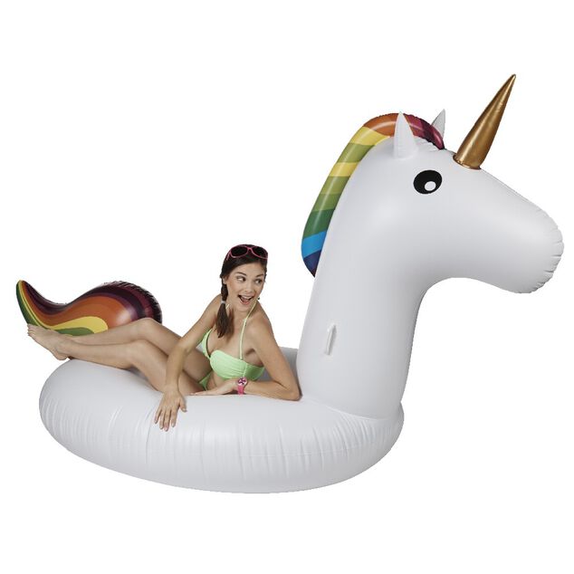 Licorne gonflable XL blanche design arc en ciel