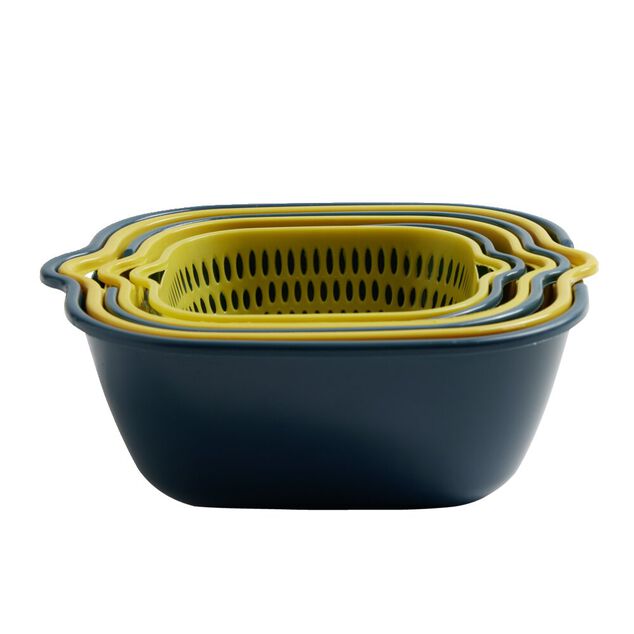 Lot de 3 passoires cuvettes carrées bleues et jaunes