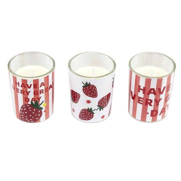 Bougie parfum&eacute;e x3 dans pot verre d&eacute;cor&eacute; &Oslash;5xH6cm (3 mod&egrave;les)