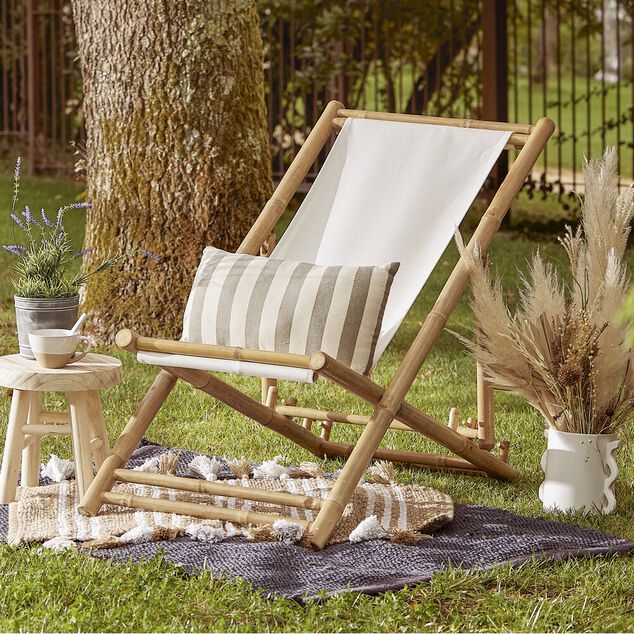 Chilienne pliante Laos bambou et tissu beige 121x60xH67cm