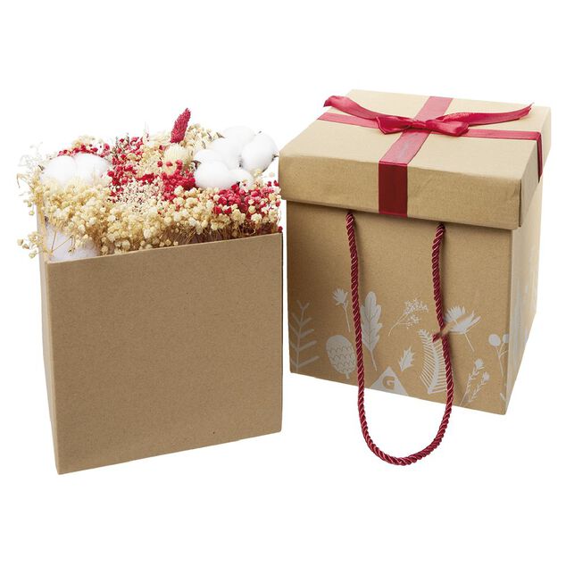 Fleur s&eacute;ch&eacute;es dans bo&icirc;te cadeau carr&eacute;e