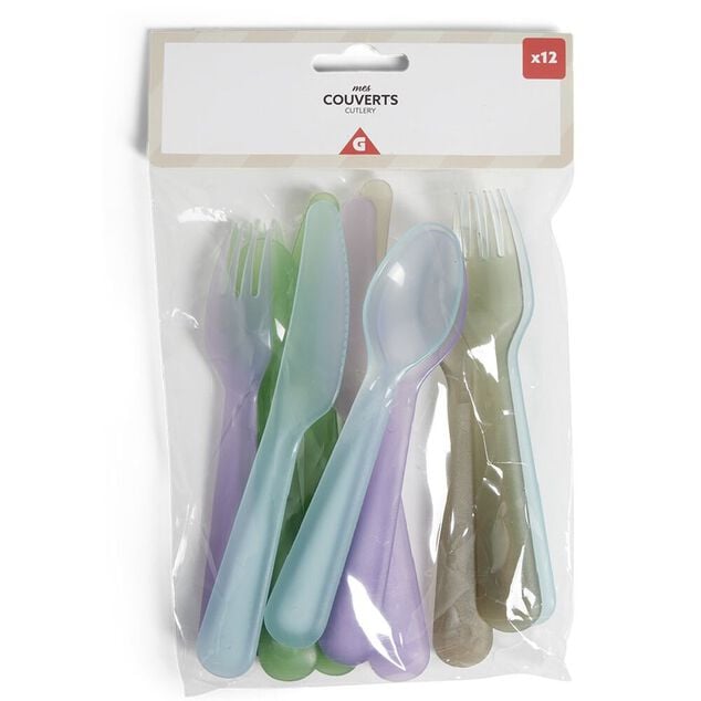 Lot de 12 couverts pour enfant plastique color&eacute;