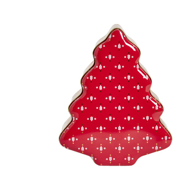 Boîte alimentaire Noël forme sapin métal rouge et doré 18x14,5xH6,5cm
