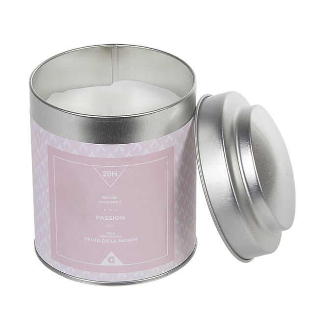 Bougie parfum&eacute;e dans pot en m&eacute;tal senteur passion