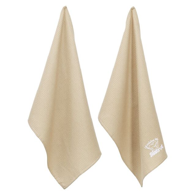 Torchon brodé La cuisine du Bistrot beige x2 - 100% coton 45x70cm