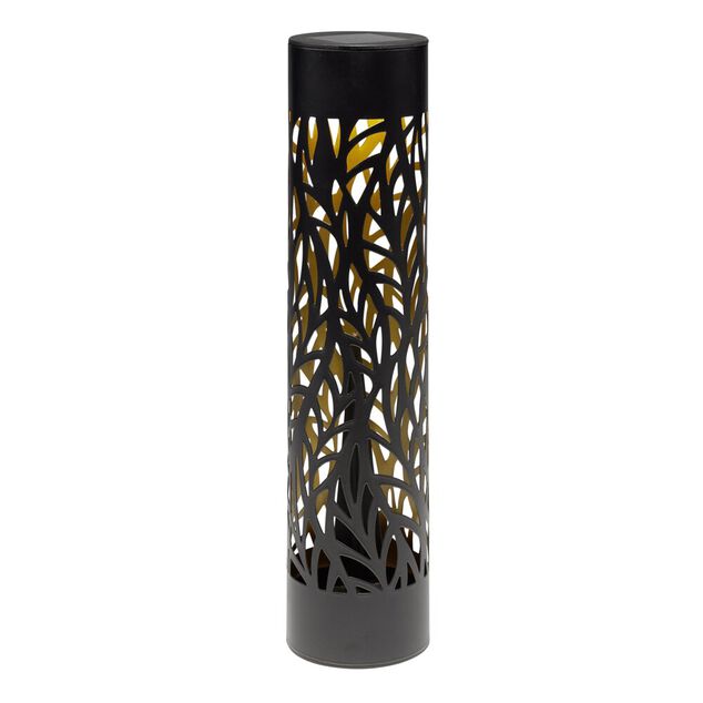 Borne solaire cylindrique m&eacute;tal ajour&eacute; noir 1LED blanc chaud &Oslash;8,5xH33,5cm