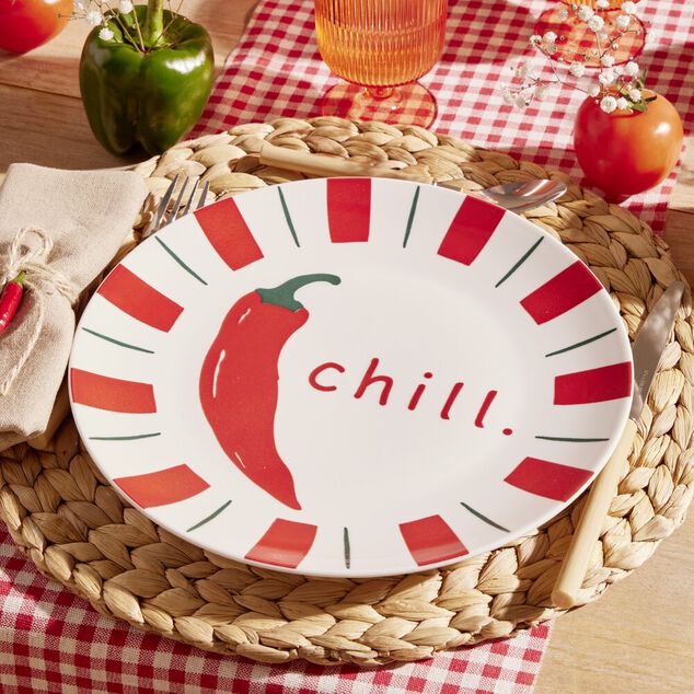 Assiette plate ronde x4 porcelaine motif piment &Oslash;27cm