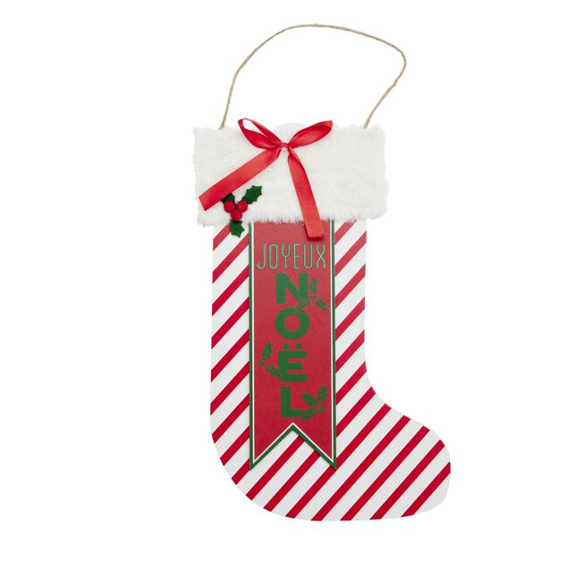 D&eacute;coration de No&euml;l &agrave; suspendre en bois botte chaussette rouge et blanche 24x36cm