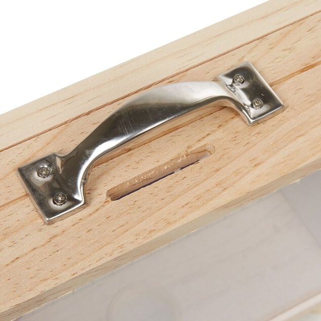 Tirelire bois bleu et blanc motif rond rouge inscription Yes