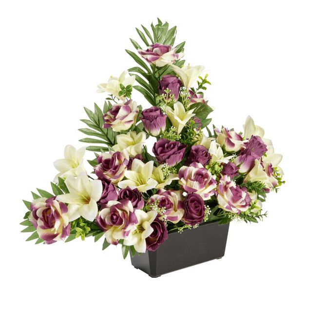 Composition florale artificielle roses et lys fuschias jardini&egrave;re L76xH46cm