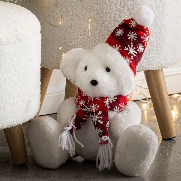 Ours blanc &agrave; poser avec &eacute;charpe et bonnet 27x19xH27cm